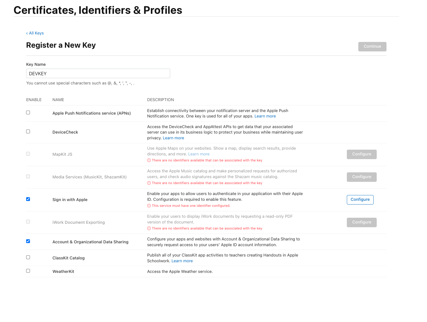 Naming and configuring a key