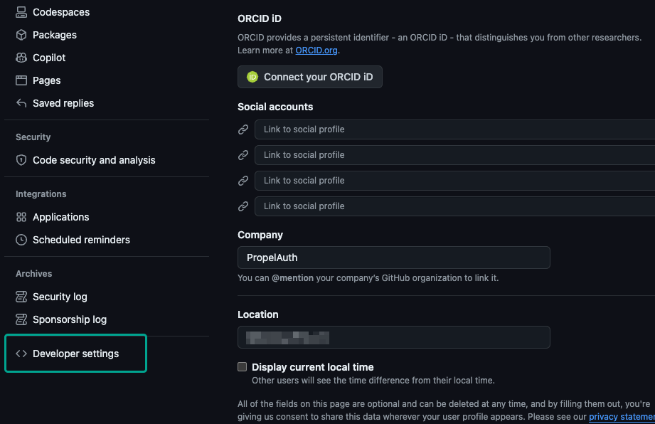 Developer Settings in Github