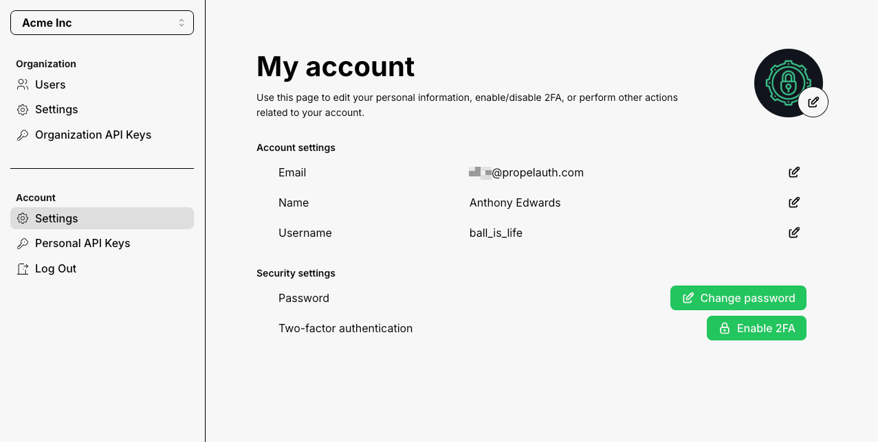 User account page