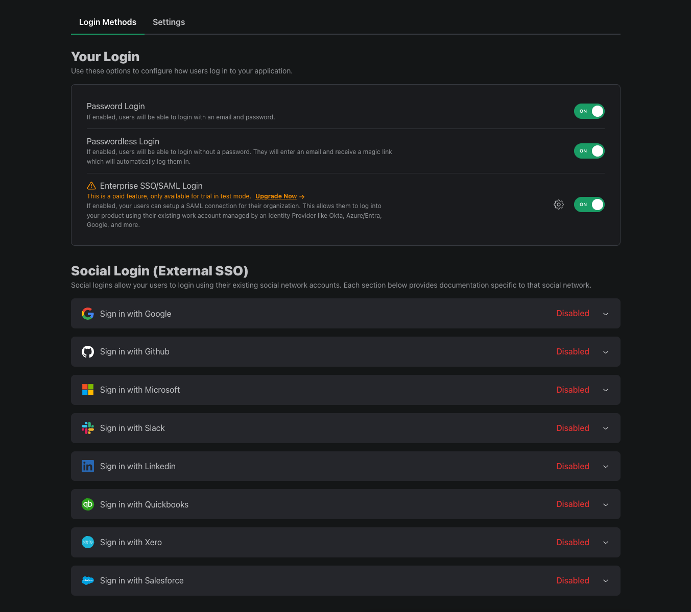 Login Methods Menu