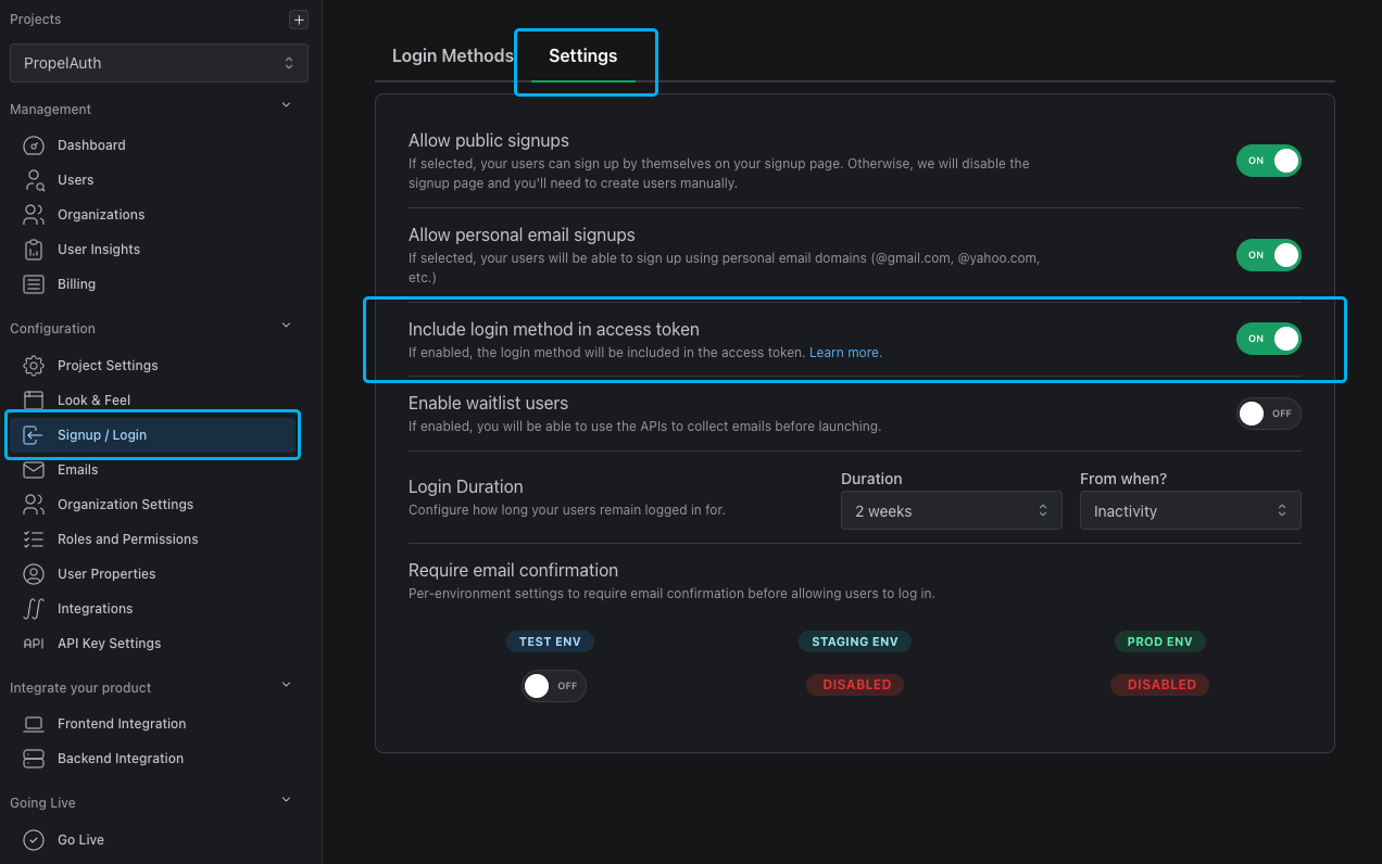 Enabling the login method