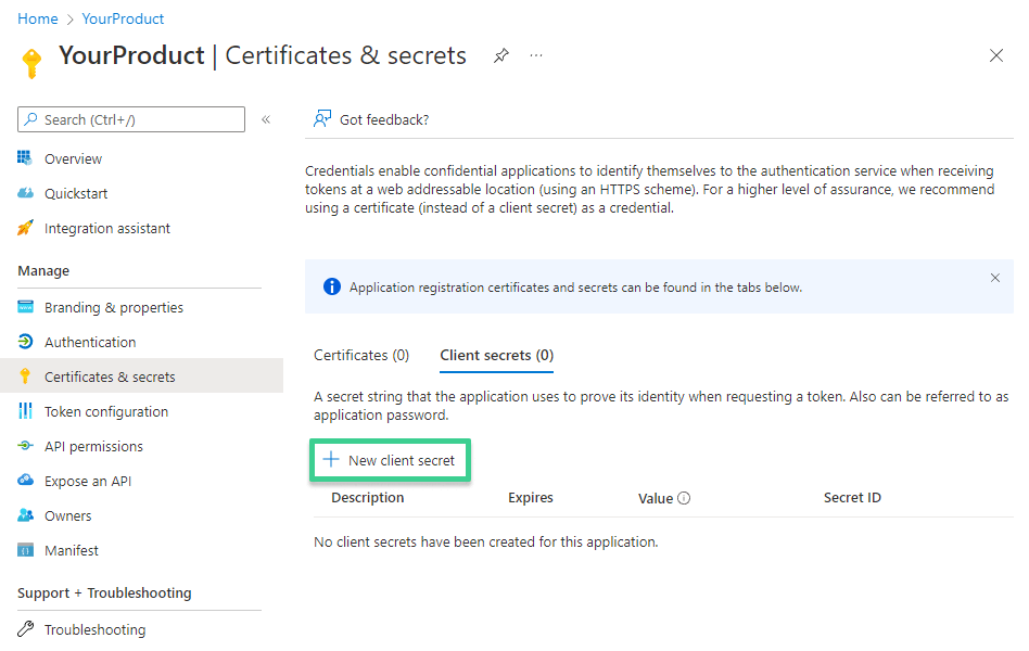 add a certificate or secret