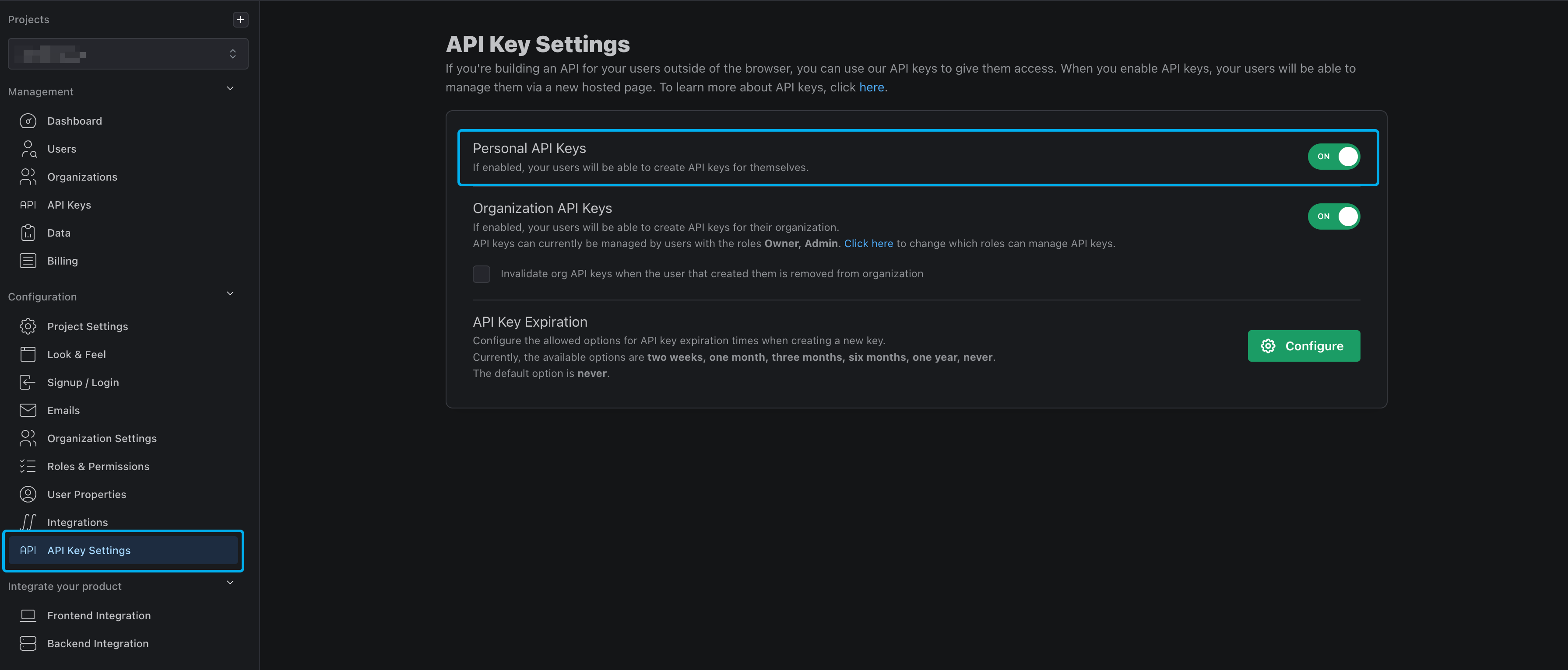 enabling API Keys in the PropelAuth dashboard