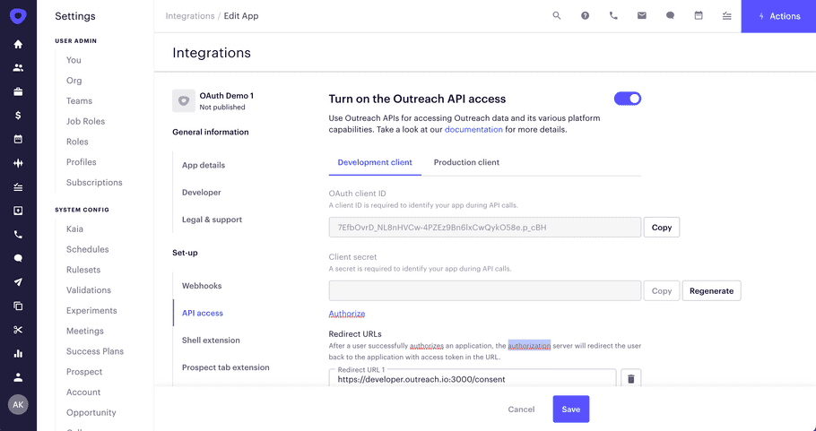 Outreach App Settings