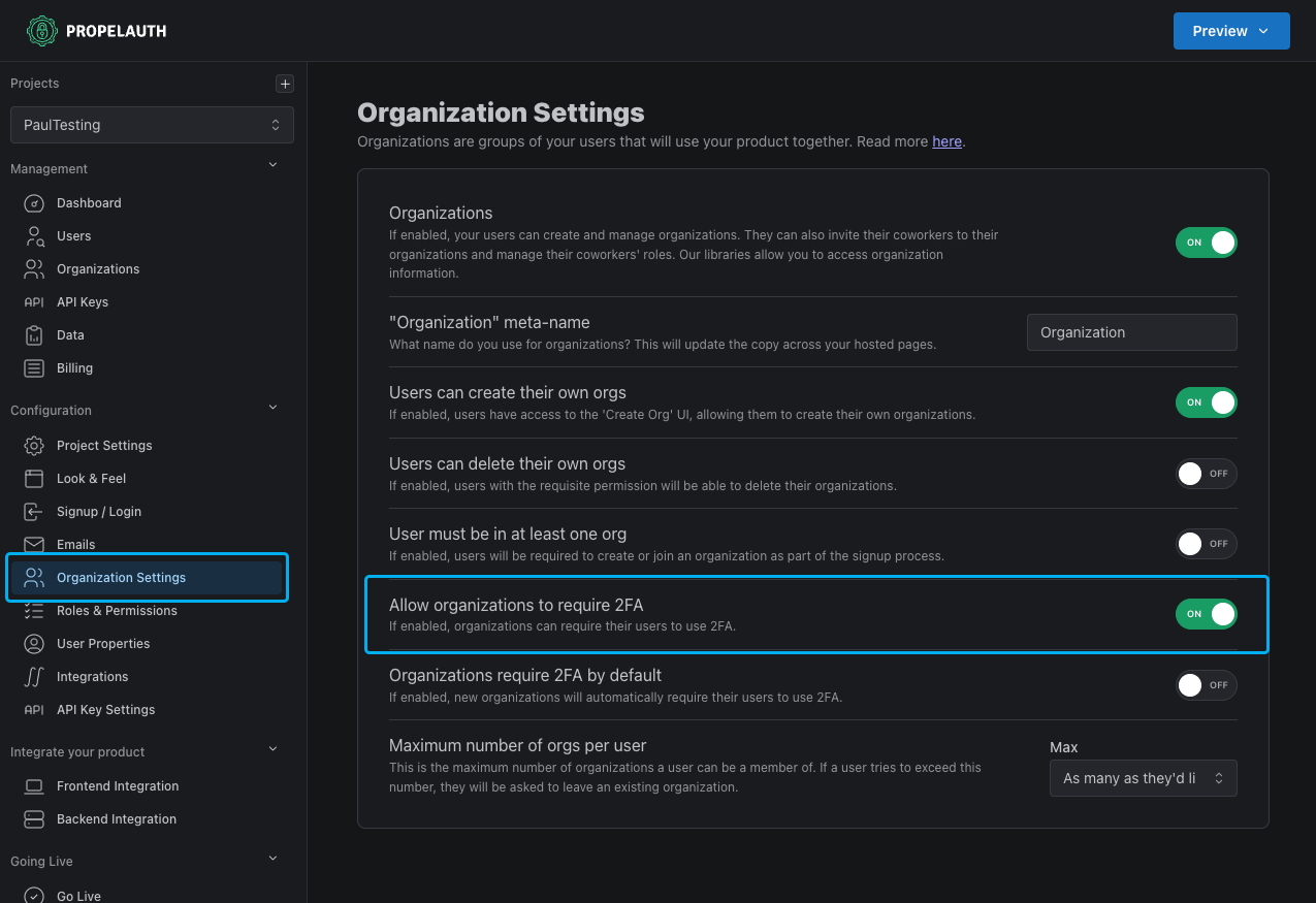 Global Require 2FA Setting